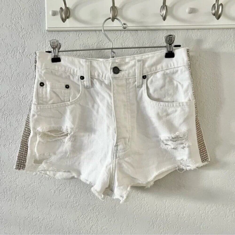 LF Carmar Titania White Distressed Rhinestone Denim Shorts